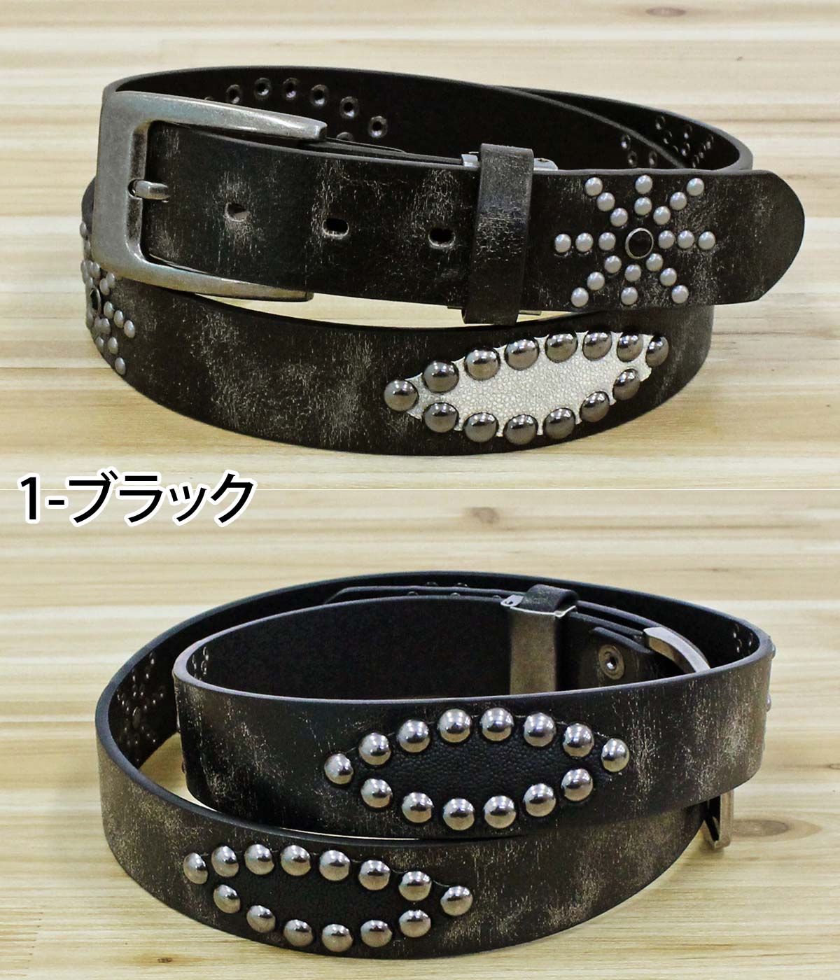 トップイズム TopIsm ベルト メンズ アンティーク加工 メタルスタッズ レザーベルト 本革 牛革 男女兼用 （2-ブラック） 2-ブラック