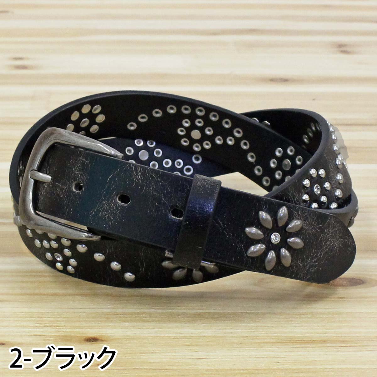 トップイズム TopIsm ベルト メンズ アンティーク加工 メタルスタッズ レザーベルト 本革 牛革 男女兼用 （2-ブラック） 2-ブラック