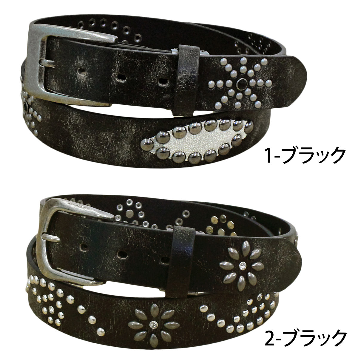 トップイズム TopIsm ベルト メンズ アンティーク加工 メタルスタッズ レザーベルト 本革 牛革 男女兼用 （2-ブラック） 2-ブラック
