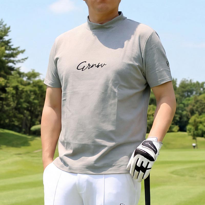 トップイズム TopIsm ゴルフウェア モックネックシャツ メンズ GIORNO SEVEN ジョルノセブン ハイネック ゴルフ 接触冷感 ストレッチ 半袖 ロゴ 筆記体 トップス ポロシャツ Tシャツ 無地 春夏 （7-ライトグレー） 7-ライトグレー