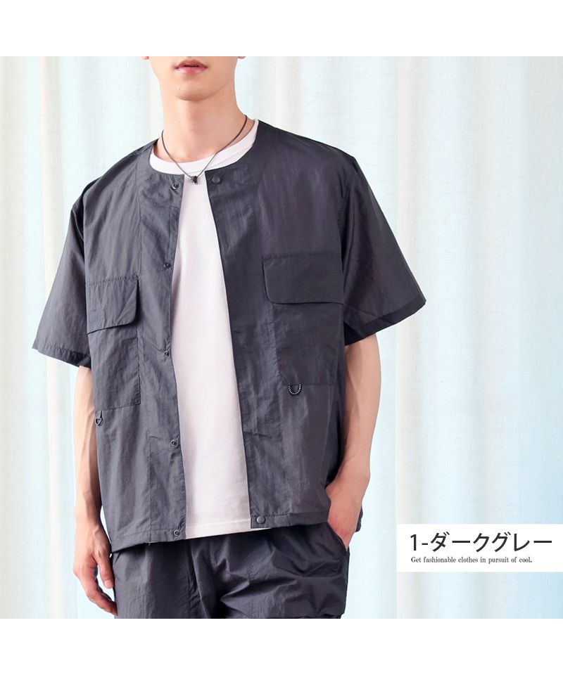 トップイズム TopIsm 半袖シャツ メンズ ノーカラー シャツジャケット 超軽量 撥水加工 無地 アウトドア スポーツ ストリート ルームウェア 男女兼用
