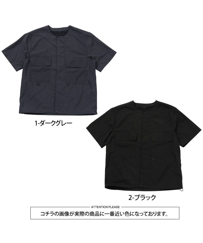 トップイズム TopIsm 半袖シャツ メンズ ノーカラー シャツジャケット 超軽量 撥水加工 無地 アウトドア スポーツ ストリート ルームウェア 男女兼用