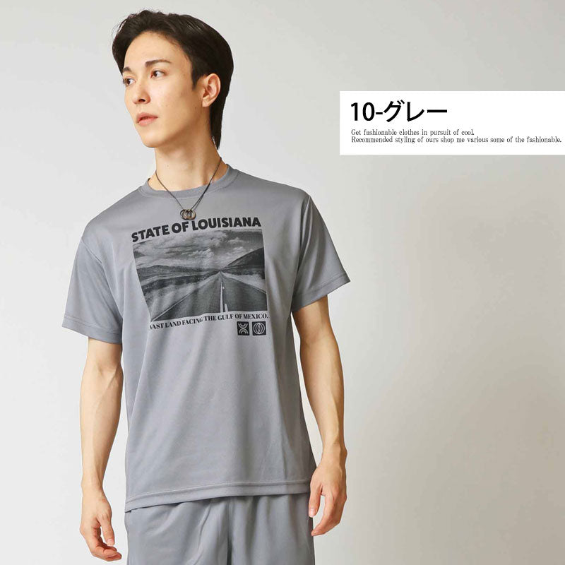 トップイズム TopIsm Tシャツ メンズ 速乾 ドライメッシュ ストレッチ カットソー 半袖 クルーネック アメカジプリント 部屋着 ルームウェア パジャマ スポーツウェア トレーニング トップス 春夏 （10-グレー） 10-グレー