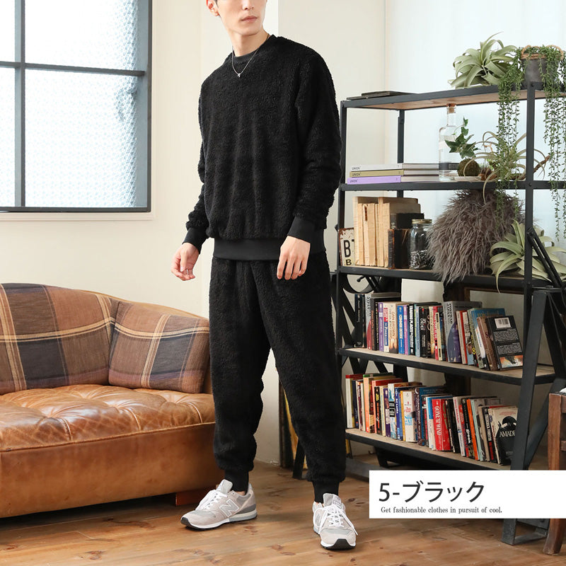トップイズム TopIsm 上下セット シャギーボア フリース メンズ スウェット 無地 暖かい トレーナー 男女兼用 モコモコ クルーネック ジョガーパンツ ルームウェア 部屋着 寝巻き パジャマ セットアップ 秋冬 （5-ブラック） 5-ブラック