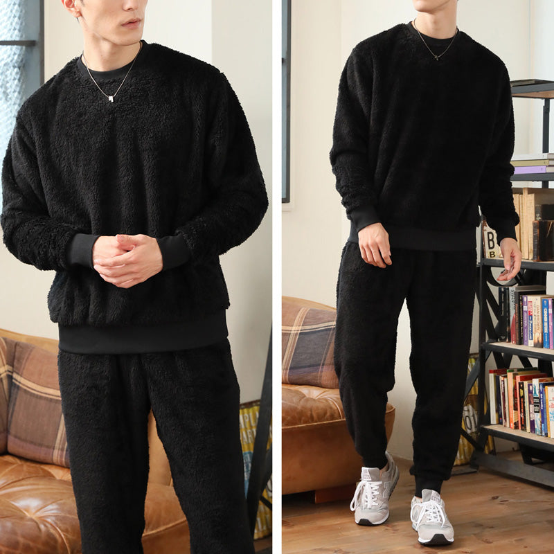 トップイズム TopIsm 上下セット シャギーボア フリース メンズ スウェット 無地 暖かい トレーナー 男女兼用 モコモコ クルーネック ジョガーパンツ ルームウェア 部屋着 寝巻き パジャマ セットアップ 秋冬 （5-ブラック） 5-ブラック