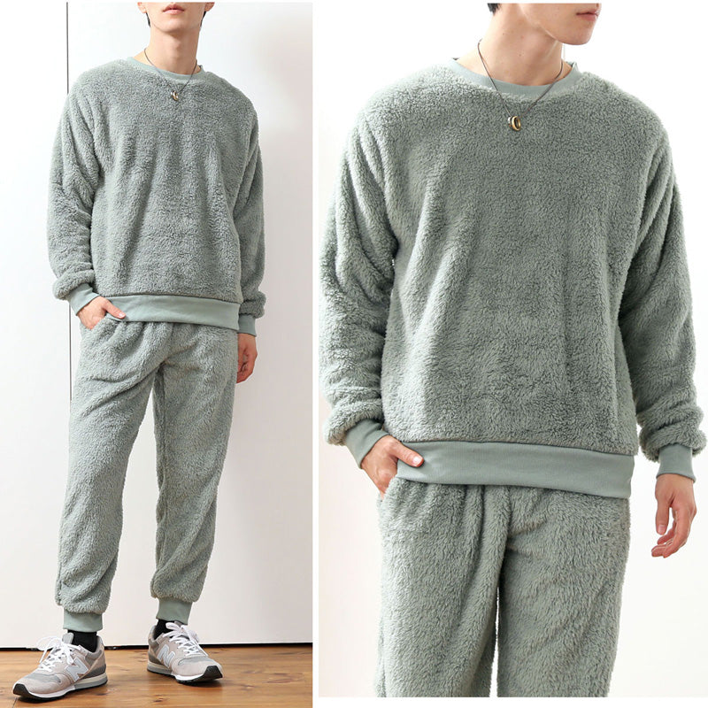 トップイズム TopIsm 上下セット シャギーボア フリース メンズ スウェット 無地 暖かい トレーナー 男女兼用 モコモコ クルーネック ジョガーパンツ ルームウェア 部屋着 寝巻き パジャマ セットアップ 秋冬 （5-ブラック） 5-ブラック