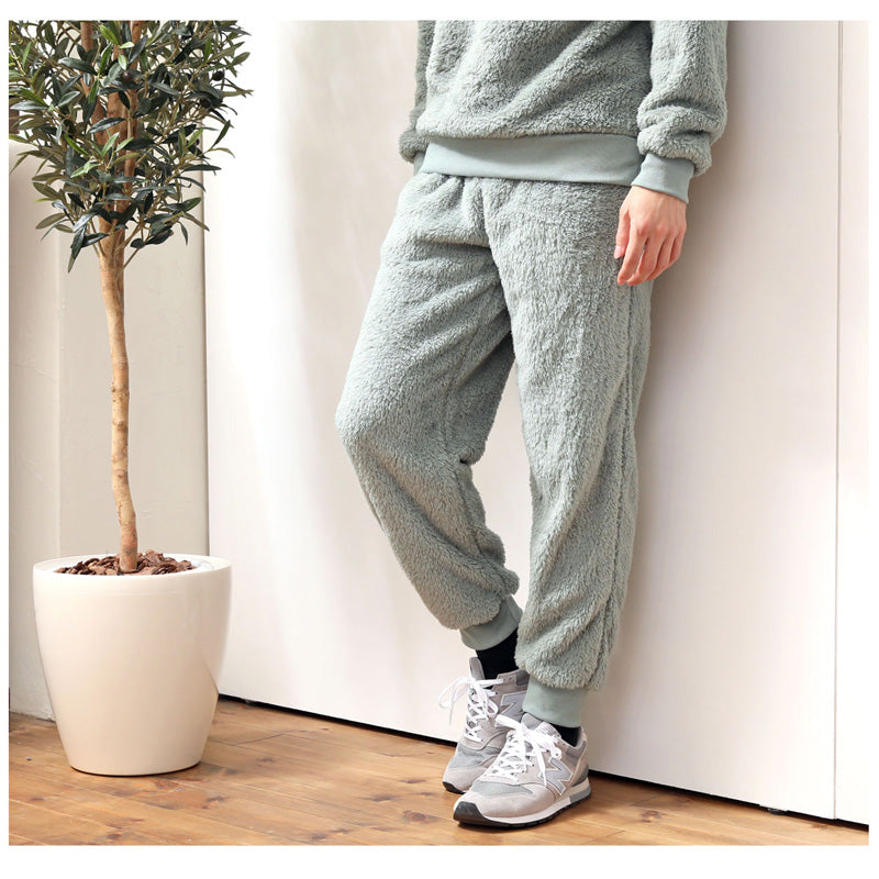 トップイズム TopIsm 上下セット シャギーボア フリース メンズ スウェット 無地 暖かい トレーナー 男女兼用 モコモコ クルーネック ジョガーパンツ ルームウェア 部屋着 寝巻き パジャマ セットアップ 秋冬 （5-ブラック） 5-ブラック