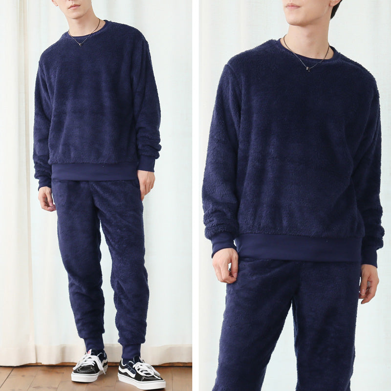 トップイズム TopIsm 上下セット シャギーボア フリース メンズ スウェット 無地 暖かい トレーナー 男女兼用 モコモコ クルーネック ジョガーパンツ ルームウェア 部屋着 寝巻き パジャマ セットアップ 秋冬 （5-ブラック） 5-ブラック