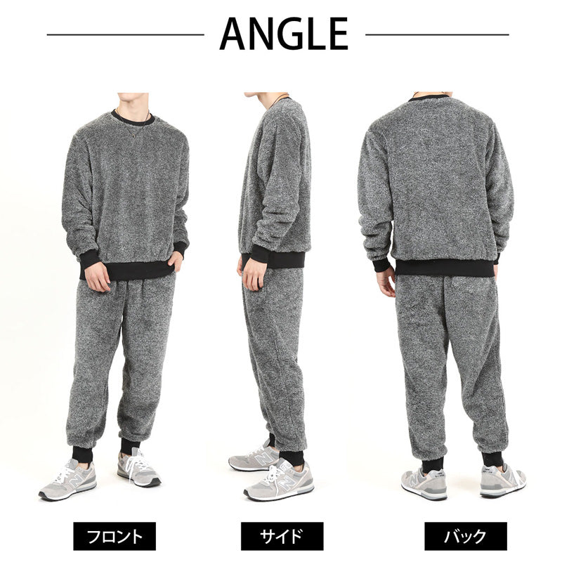 トップイズム TopIsm 上下セット シャギーボア フリース メンズ スウェット 無地 暖かい トレーナー 男女兼用 モコモコ クルーネック ジョガーパンツ ルームウェア 部屋着 寝巻き パジャマ セットアップ 秋冬 （5-ブラック） 5-ブラック