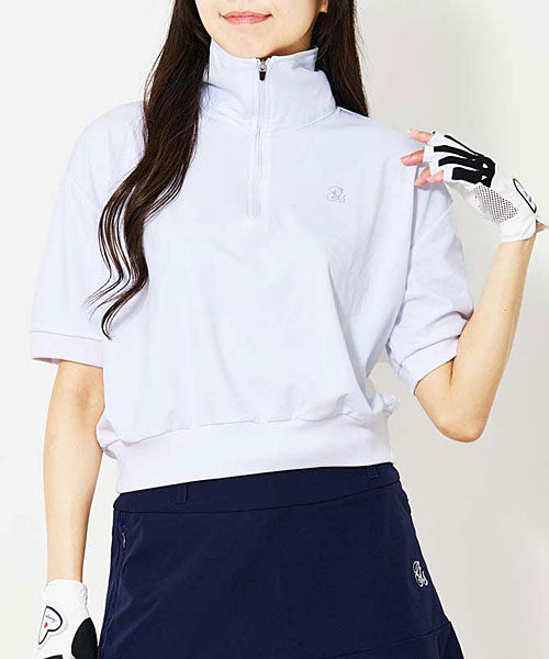 トップイズム TopIsm ゴルフウェア レディース gs GOLF ハーフジップ リブトップス ポロシャツ 半袖 ショート丈 柄 無地 おしゃれ かわいい 韓国系 春夏 （3-ホワイトショート丈） 3-ホワイトショート丈
