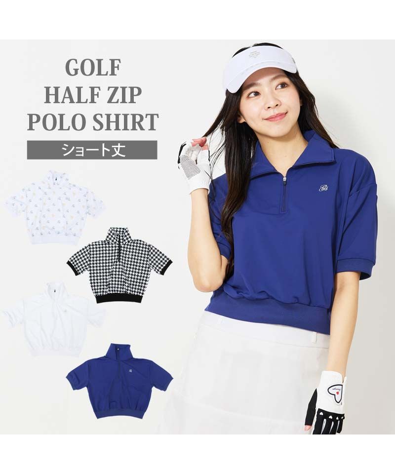 トップイズム TopIsm ゴルフウェア レディース gs GOLF ハーフジップ リブトップス ポロシャツ 半袖 ショート丈 柄 無地 おしゃれ かわいい 韓国系 春夏 （3-ホワイトショート丈） 3-ホワイトショート丈