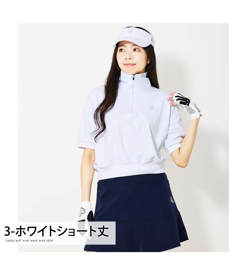 トップイズム TopIsm ゴルフウェア レディース gs GOLF ハーフジップ リブトップス ポロシャツ 半袖 ショート丈 柄 無地 おしゃれ かわいい 韓国系 春夏 （3-ホワイトショート丈） 3-ホワイトショート丈