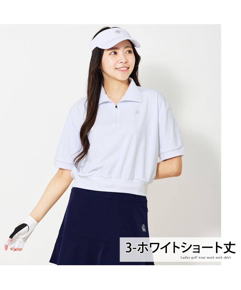 トップイズム TopIsm ゴルフウェア レディース gs GOLF ハーフジップ リブトップス ポロシャツ 半袖 ショート丈 柄 無地 おしゃれ かわいい 韓国系 春夏 （3-ホワイトショート丈） 3-ホワイトショート丈