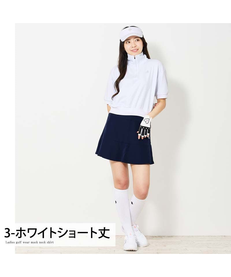 トップイズム TopIsm ゴルフウェア レディース gs GOLF ハーフジップ リブトップス ポロシャツ 半袖 ショート丈 柄 無地 おしゃれ かわいい 韓国系 春夏 （3-ホワイトショート丈） 3-ホワイトショート丈