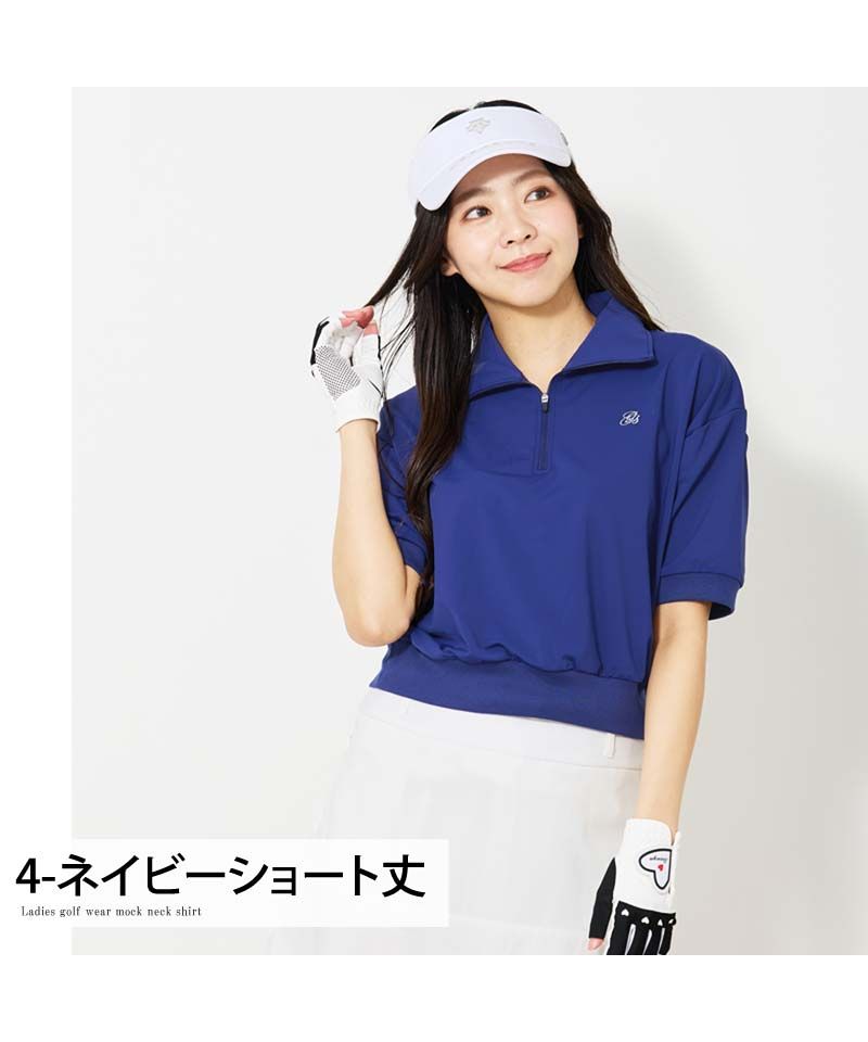 トップイズム TopIsm ゴルフウェア レディース gs GOLF ハーフジップ リブトップス ポロシャツ 半袖 ショート丈 柄 無地 おしゃれ かわいい 韓国系 春夏 （3-ホワイトショート丈） 3-ホワイトショート丈