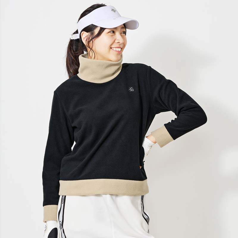 トップイズム TopIsm ゴルフウェア レディース gs GOLF フリース ニットセーター オフタートルネック トップス ロゴ刺繍 無地 おしゃれ かわいい 韓国系 秋冬,2-ブラック