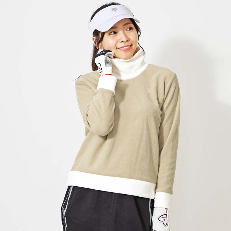 トップイズム TopIsm ゴルフウェア レディース gs GOLF フリース ニットセーター オフタートルネック トップス ロゴ刺繍 無地 おしゃれ かわいい 韓国系 秋冬,3-ベージュ