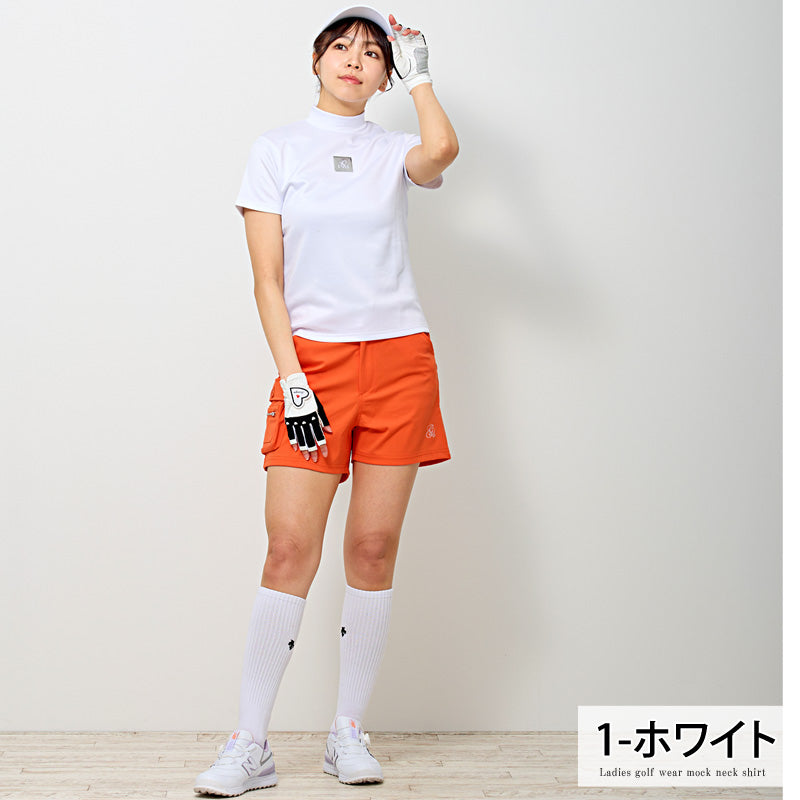 トップイズム TopIsm ゴルフウェア レディース モックネック gs GOLF ポロシャツ ハイネック 半袖 ストレッチ 高周波シルバーロゴ トップス 無地 おしゃれ かわいい 韓国系 春夏 （2-ブラック） 2-ブラック