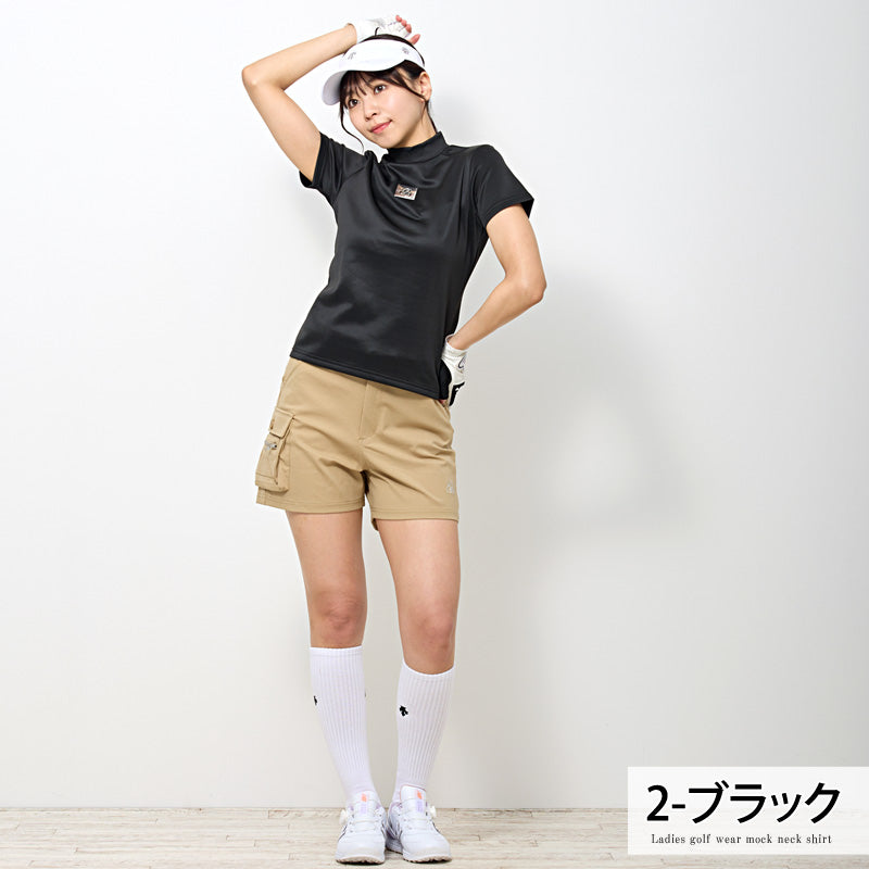 トップイズム TopIsm ゴルフウェア レディース モックネック gs GOLF ポロシャツ ハイネック 半袖 ストレッチ 高周波シルバーロゴ トップス 無地 おしゃれ かわいい 韓国系 春夏 （2-ブラック） 2-ブラック