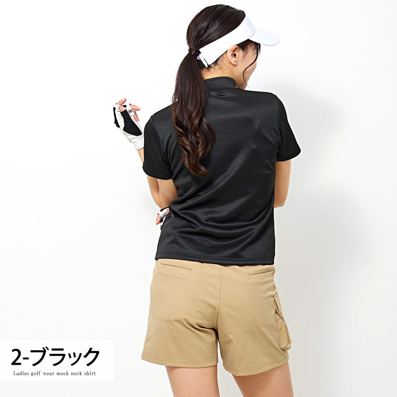 トップイズム TopIsm ゴルフウェア レディース モックネック gs GOLF ポロシャツ ハイネック 半袖 ストレッチ 高周波シルバーロゴ トップス 無地 おしゃれ かわいい 韓国系 春夏 （2-ブラック） 2-ブラック