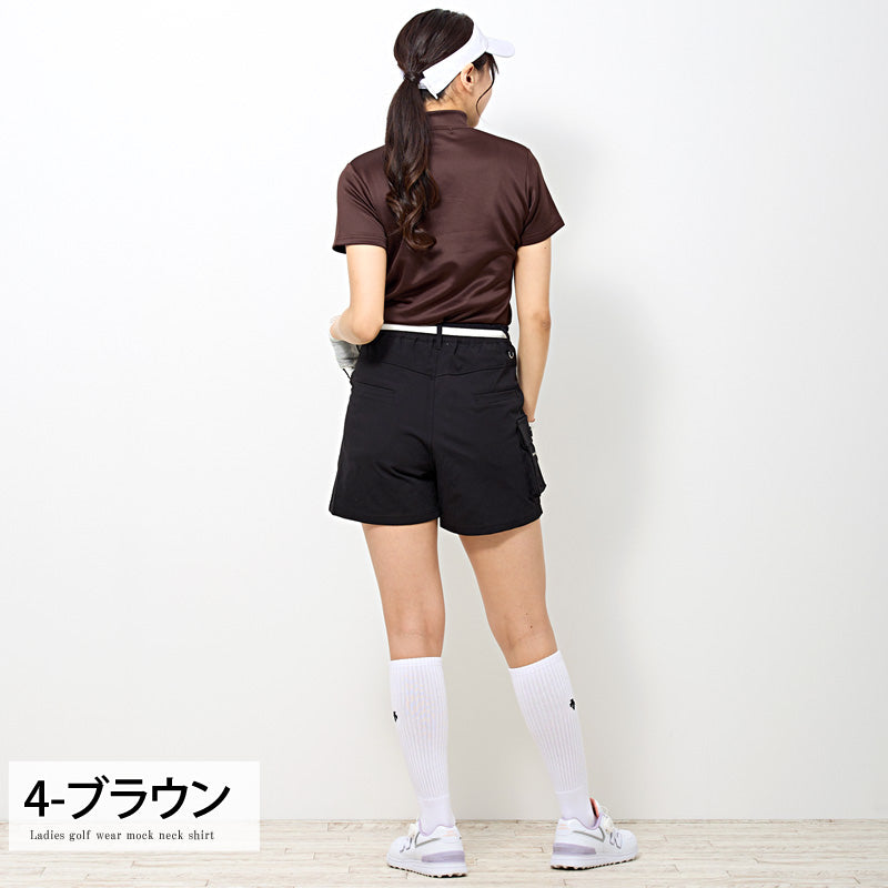 トップイズム TopIsm ゴルフウェア レディース モックネック gs GOLF ポロシャツ ハイネック 半袖 ストレッチ 高周波シルバーロゴ トップス 無地 おしゃれ かわいい 韓国系 春夏 （2-ブラック） 2-ブラック