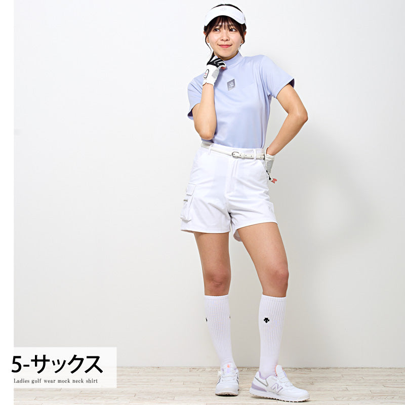 トップイズム TopIsm ゴルフウェア レディース モックネック gs GOLF ポロシャツ ハイネック 半袖 ストレッチ 高周波シルバーロゴ トップス 無地 おしゃれ かわいい 韓国系 春夏 （2-ブラック） 2-ブラック
