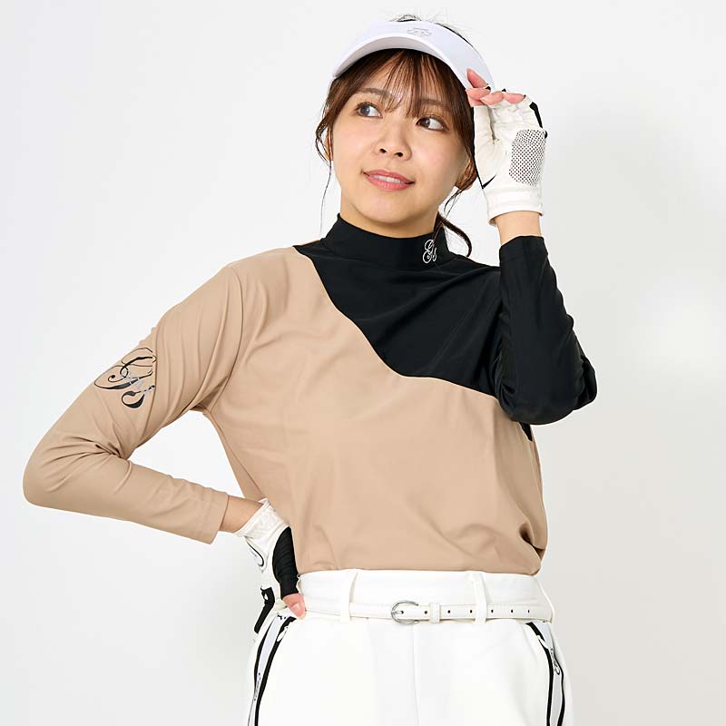 トップイズム TopIsm ゴルフウェア レディース モックネック gs GOLF ポロシャツ ハイネック 長袖 ストレッチ トップス アシンメトリー切替 おしゃれ かわいい 韓国系 春夏 （2-ブラックブラウン） 2-ブラックブラウン