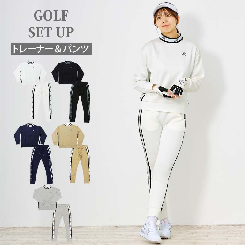 トップイズム TopIsm ゴルフウェア レディース 上下セットアップ gs GOLF スウェットジャージ モックネックトレーナー ゴルフパンツ リブロゴライン切替 おしゃれ かわいい 韓国系 秋冬 春夏 ブランド （3-ネイビー） 3-ネイビー