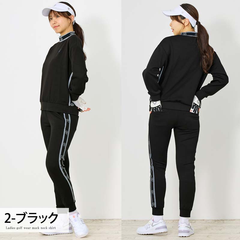 トップイズム TopIsm ゴルフウェア レディース 上下セットアップ gs GOLF スウェットジャージ モックネックトレーナー ゴルフパンツ リブロゴライン切替 おしゃれ かわいい 韓国系 秋冬 春夏 ブランド （3-ネイビー） 3-ネイビー