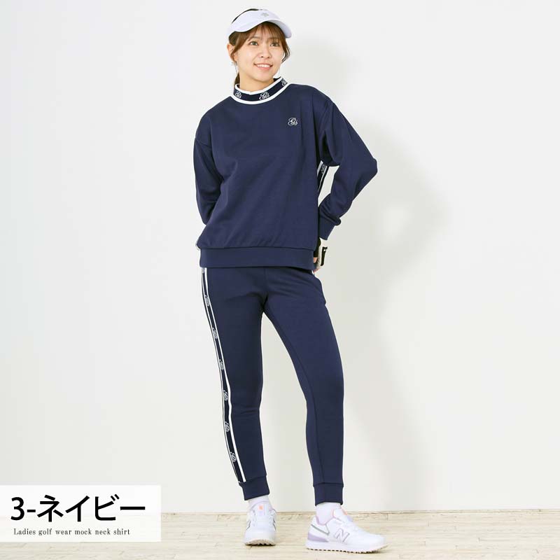 トップイズム TopIsm ゴルフウェア レディース 上下セットアップ gs GOLF スウェットジャージ モックネックトレーナー ゴルフパンツ リブロゴライン切替 おしゃれ かわいい 韓国系 秋冬 春夏 ブランド （3-ネイビー） 3-ネイビー
