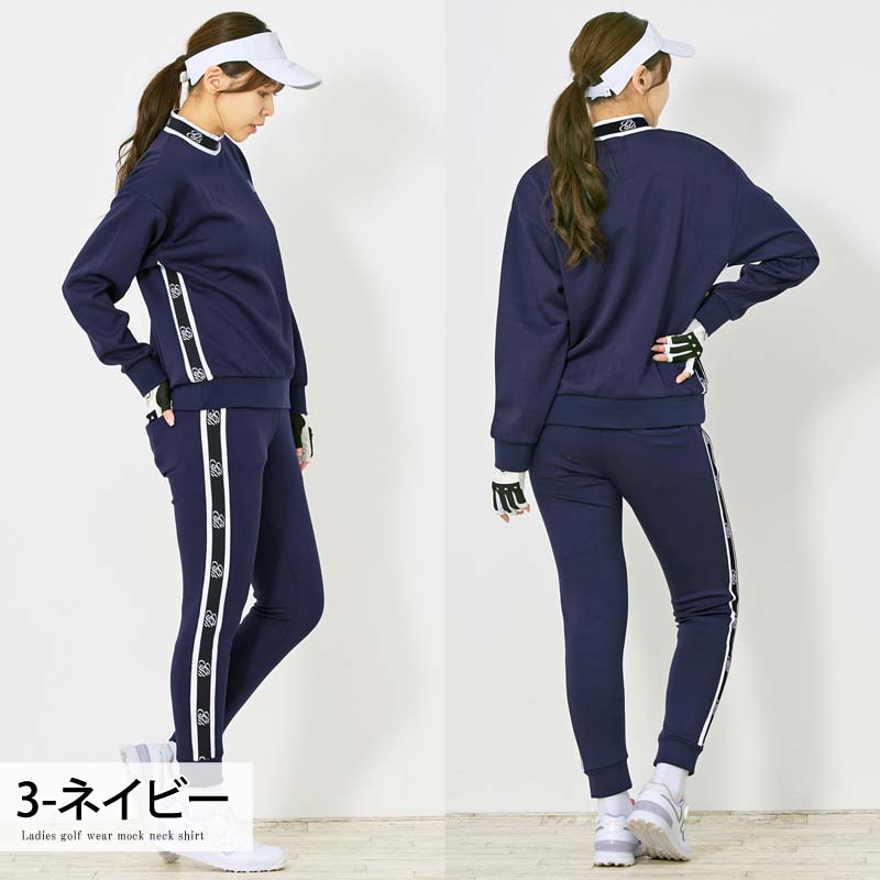 トップイズム TopIsm ゴルフウェア レディース 上下セットアップ gs GOLF スウェットジャージ モックネックトレーナー ゴルフパンツ リブロゴライン切替 おしゃれ かわいい 韓国系 秋冬 春夏 ブランド （3-ネイビー） 3-ネイビー