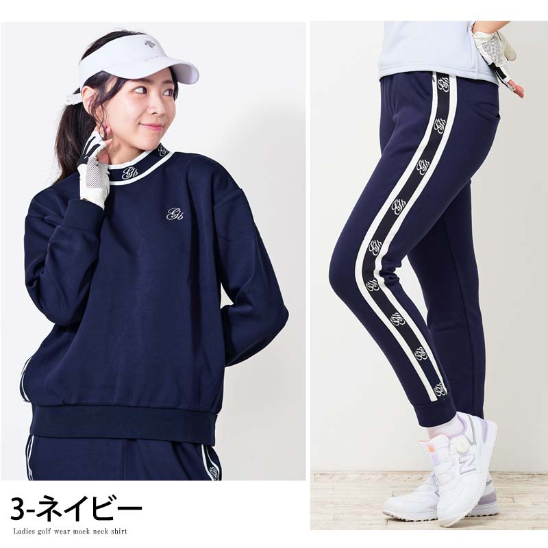 トップイズム TopIsm ゴルフウェア レディース 上下セットアップ gs GOLF スウェットジャージ モックネックトレーナー ゴルフパンツ リブロゴライン切替 おしゃれ かわいい 韓国系 秋冬 春夏 ブランド （3-ネイビー） 3-ネイビー