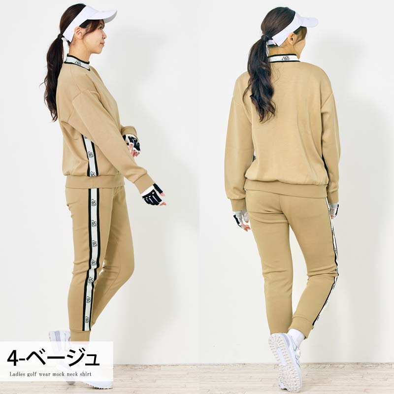 トップイズム TopIsm ゴルフウェア レディース 上下セットアップ gs GOLF スウェットジャージ モックネックトレーナー ゴルフパンツ リブロゴライン切替 おしゃれ かわいい 韓国系 秋冬 春夏 ブランド （3-ネイビー） 3-ネイビー