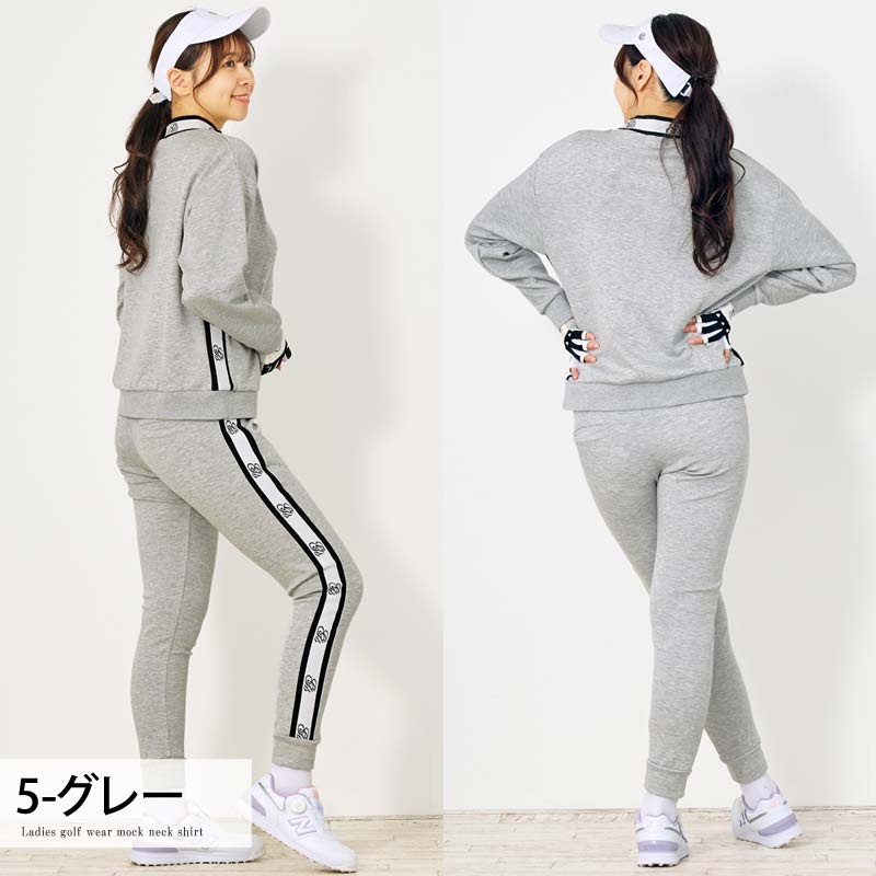 トップイズム TopIsm ゴルフウェア レディース 上下セットアップ gs GOLF スウェットジャージ モックネックトレーナー ゴルフパンツ リブロゴライン切替 おしゃれ かわいい 韓国系 秋冬 春夏 ブランド （3-ネイビー） 3-ネイビー