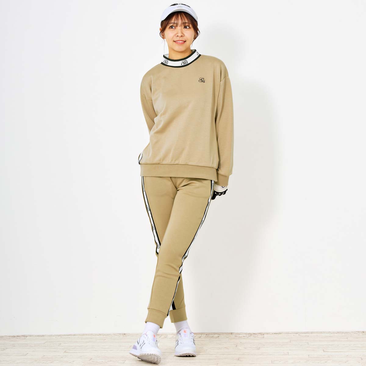 トップイズム TopIsm ゴルフウェア レディース 上下セットアップ gs GOLF スウェットジャージ モックネックトレーナー ゴルフパンツ リブロゴライン切替 おしゃれ かわいい 韓国系 秋冬 春夏 ブランド （4-ベージュ） 4-ベージュ