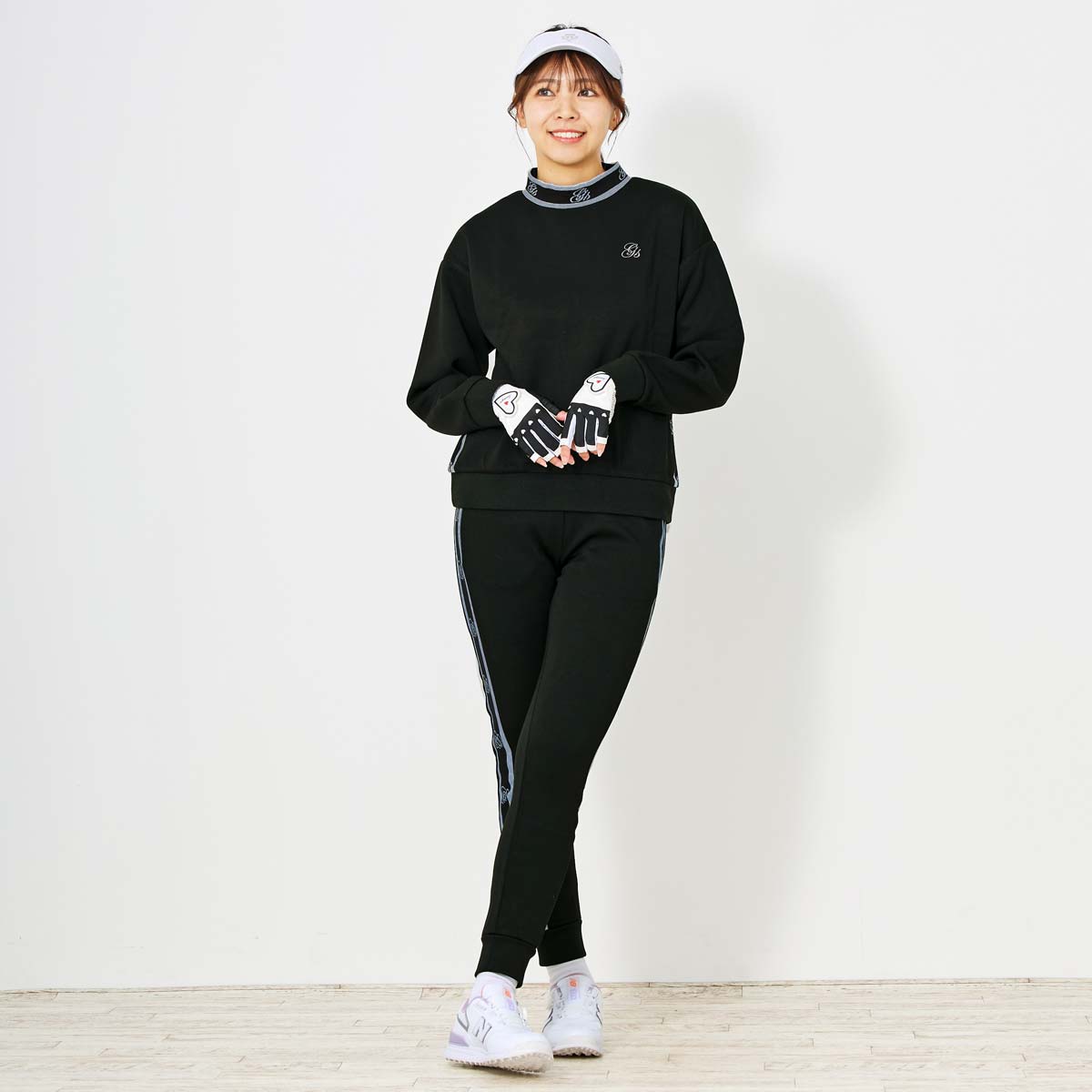 トップイズム TopIsm ゴルフウェア レディース 上下セットアップ gs GOLF スウェットジャージ モックネックトレーナー ゴルフパンツ リブロゴライン切替 おしゃれ かわいい 韓国系 秋冬 春夏 ブランド （2-ブラック） 2-ブラック
