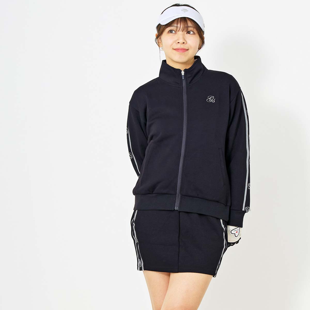 トップイズム TopIsm ゴルフウェア レディース 上下セットアップ gs GOLF ジップアップジャケット スウェットジャージ トレーナー スカート リブロゴライン切替 おしゃれ かわいい 韓国系 秋冬 春夏 ブランド （2-ブラック） 2-ブラック