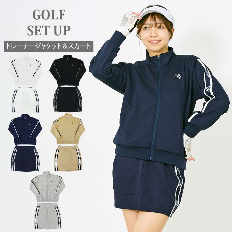 トップイズム TopIsm ゴルフウェア レディース 上下セットアップ gs GOLF ジップアップジャケット スウェットジャージ トレーナー スカート リブロゴライン切替 おしゃれ かわいい 韓国系 秋冬 春夏 ブランド （2-ブラック） 2-ブラック