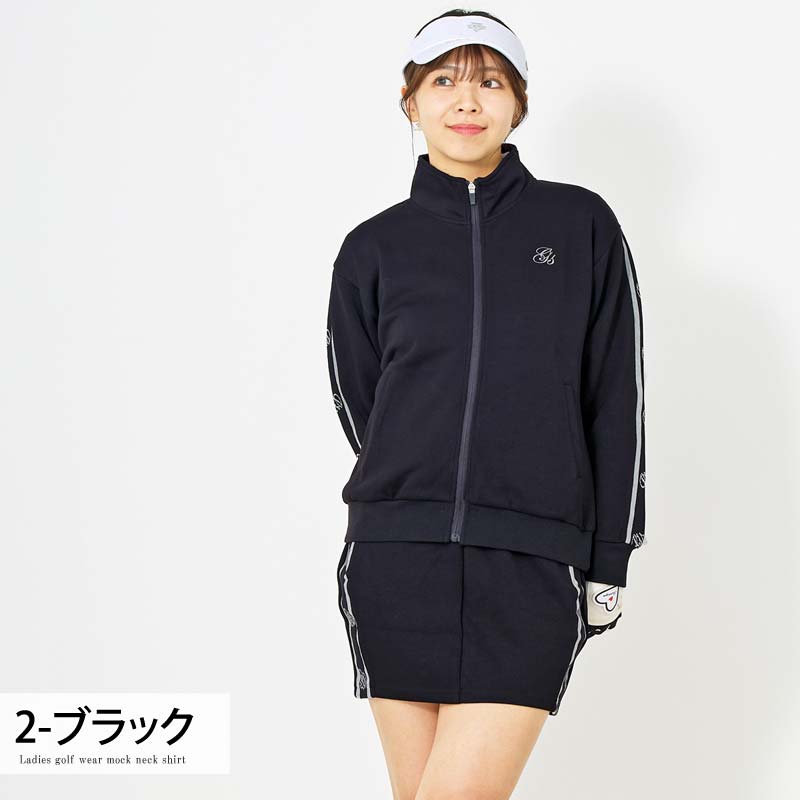 トップイズム TopIsm ゴルフウェア レディース 上下セットアップ gs GOLF ジップアップジャケット スウェットジャージ トレーナー スカート リブロゴライン切替 おしゃれ かわいい 韓国系 秋冬 春夏 ブランド （2-ブラック） 2-ブラック
