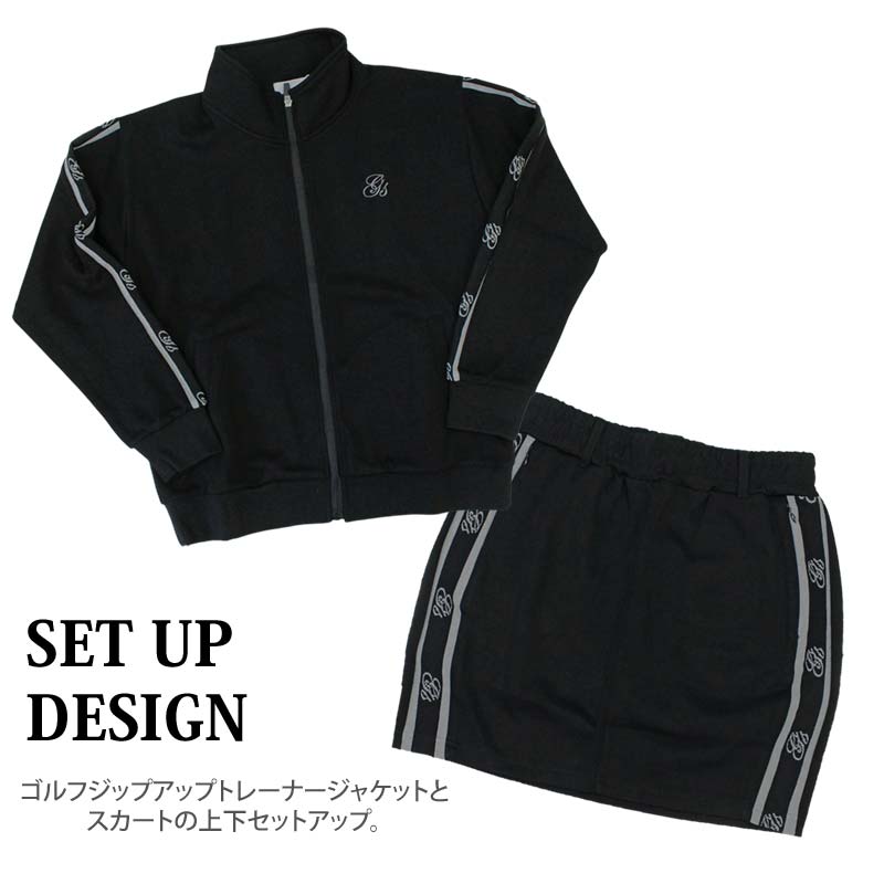 トップイズム TopIsm ゴルフウェア レディース 上下セットアップ gs GOLF ジップアップジャケット スウェットジャージ トレーナー スカート リブロゴライン切替 おしゃれ かわいい 韓国系 秋冬 春夏 ブランド （2-ブラック） 2-ブラック