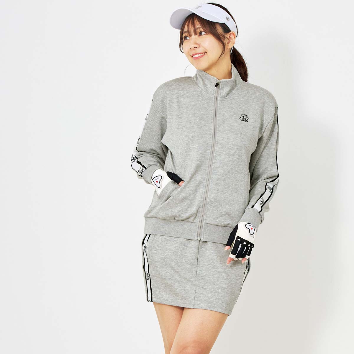 トップイズム TopIsm ゴルフウェア レディース 上下セットアップ gs GOLF ジップアップジャケット スウェットジャージ トレーナー スカート リブロゴライン切替 おしゃれ かわいい 韓国系 秋冬 春夏 ブランド （5-グレー） 5-グレー