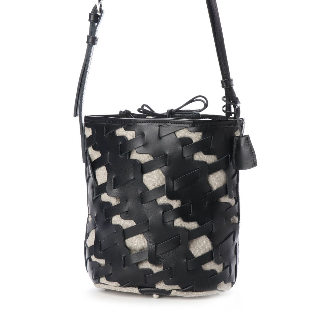 イザック YSACCS レザー×リネン メッシュデザインショルダー,ブラック