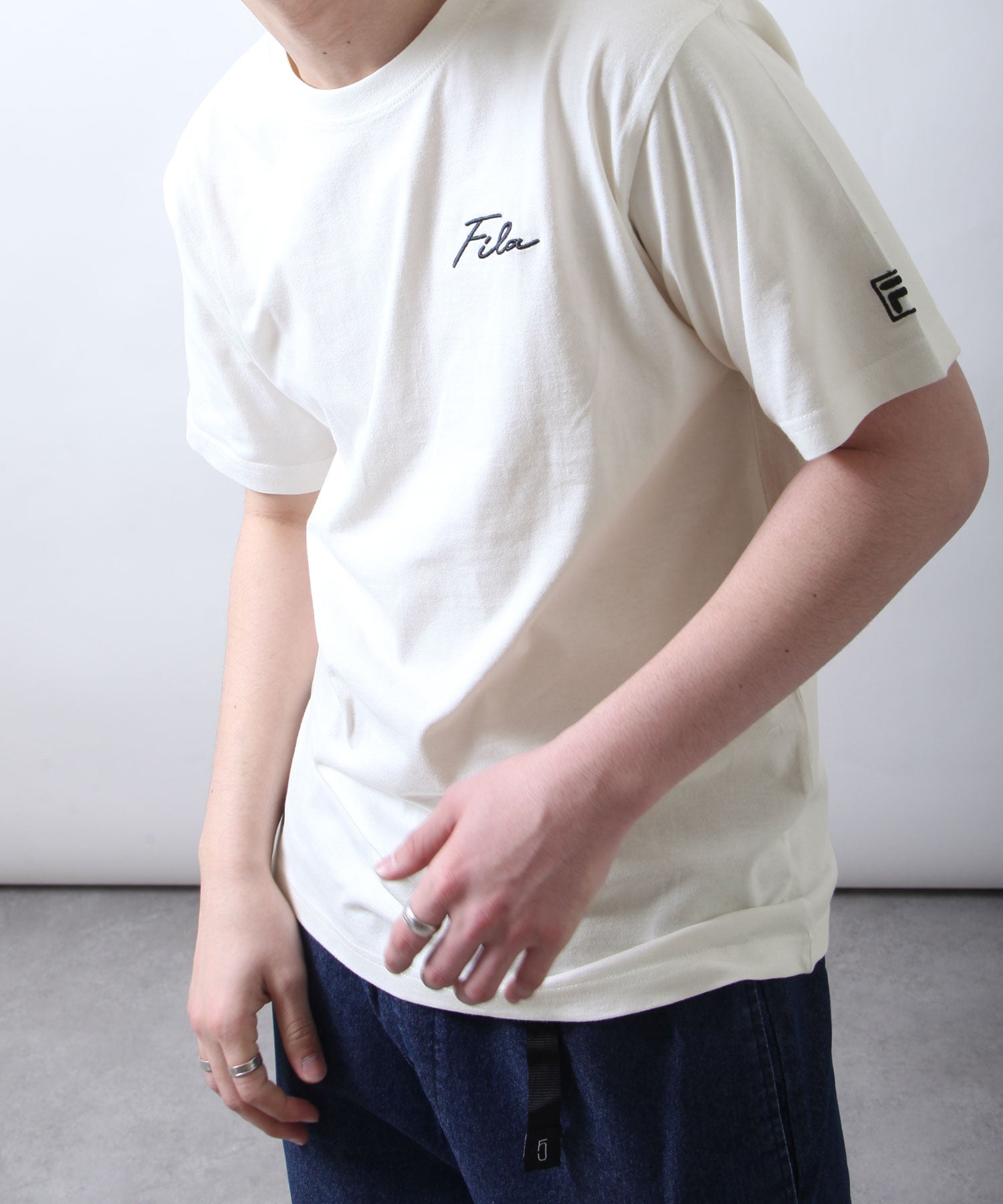 ジップファイブ ZIP FIVE 高密度生地左胸筆記体刺繍半袖Tシャツ,オフ/NAVY