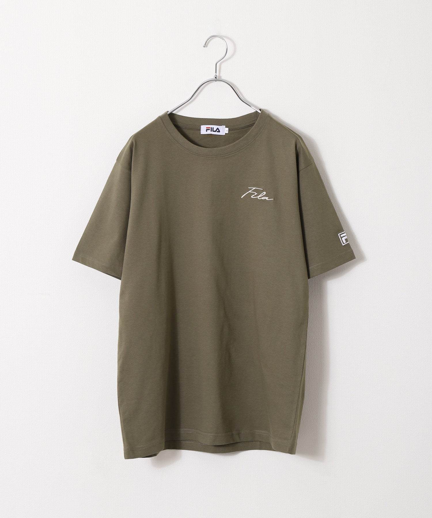ジップファイブ ZIP FIVE 高密度生地左胸筆記体刺繍半袖Tシャツ,カーキ/IVO