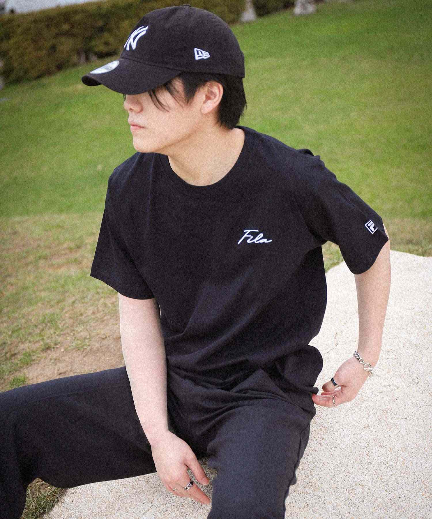 ジップファイブ ZIP FIVE 高密度生地左胸筆記体刺繍半袖Tシャツ,ブラック/WHT