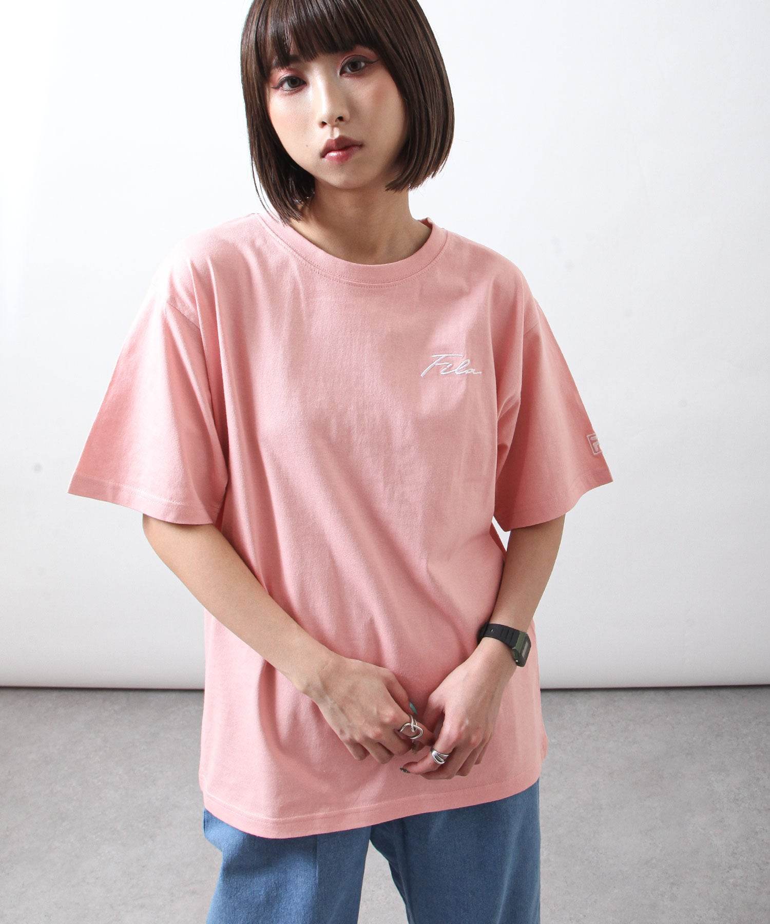 ジップファイブ ZIP FIVE 高密度生地左胸筆記体刺繍半袖Tシャツ,ピンク/WHITE