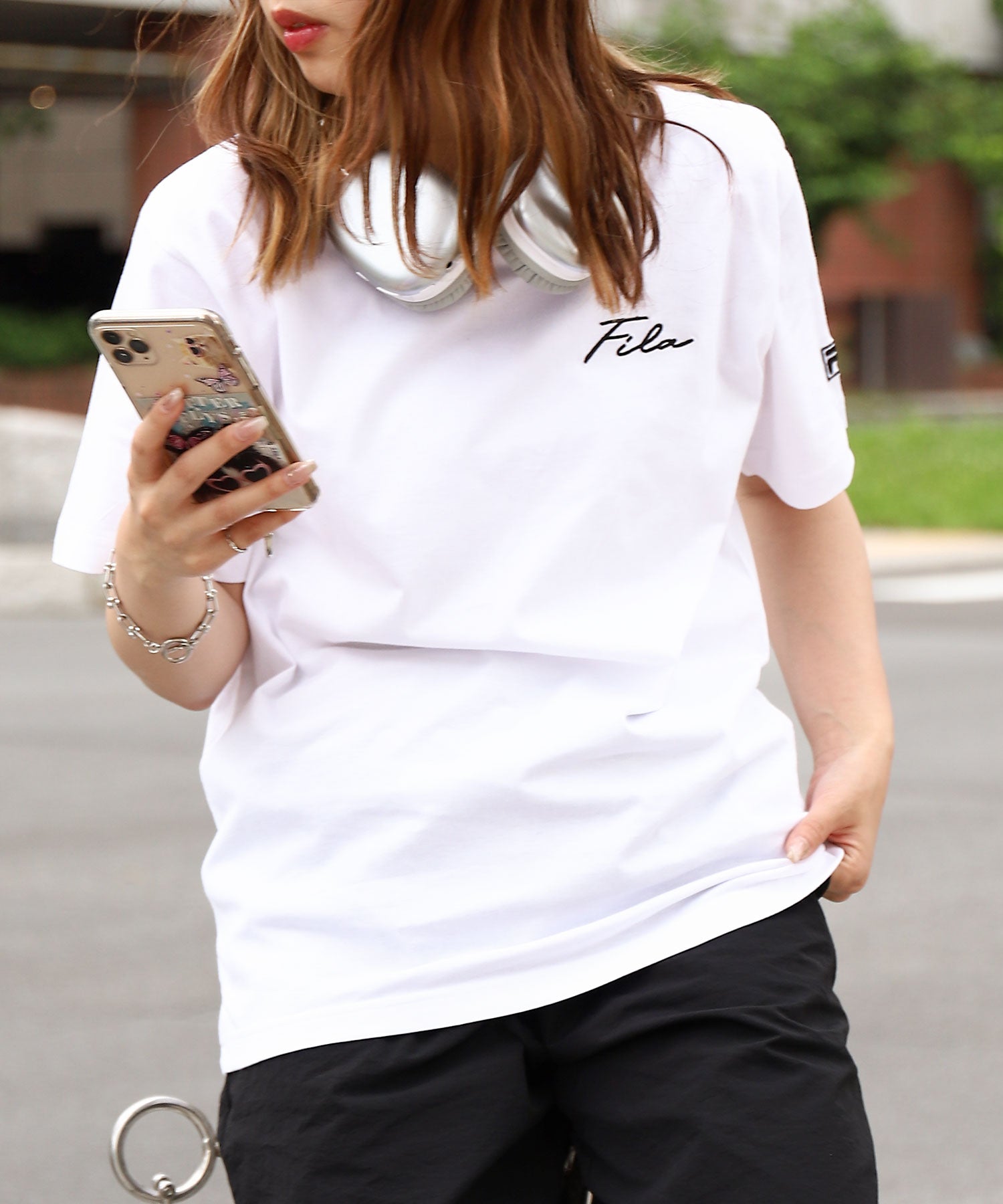 ジップファイブ ZIP FIVE 高密度生地左胸筆記体刺繍半袖Tシャツ,ホワイト/BK