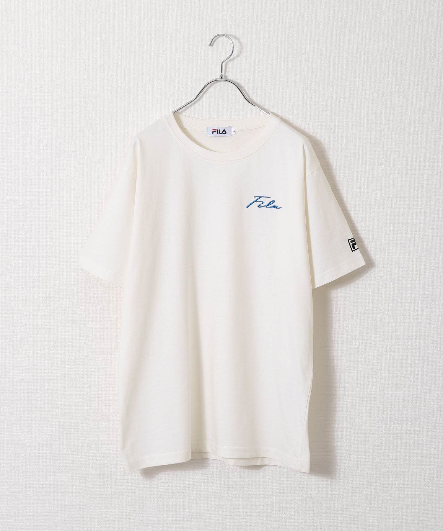 ジップファイブ ZIP FIVE 高密度生地左胸筆記体刺繍半袖Tシャツ,オフ/BLU