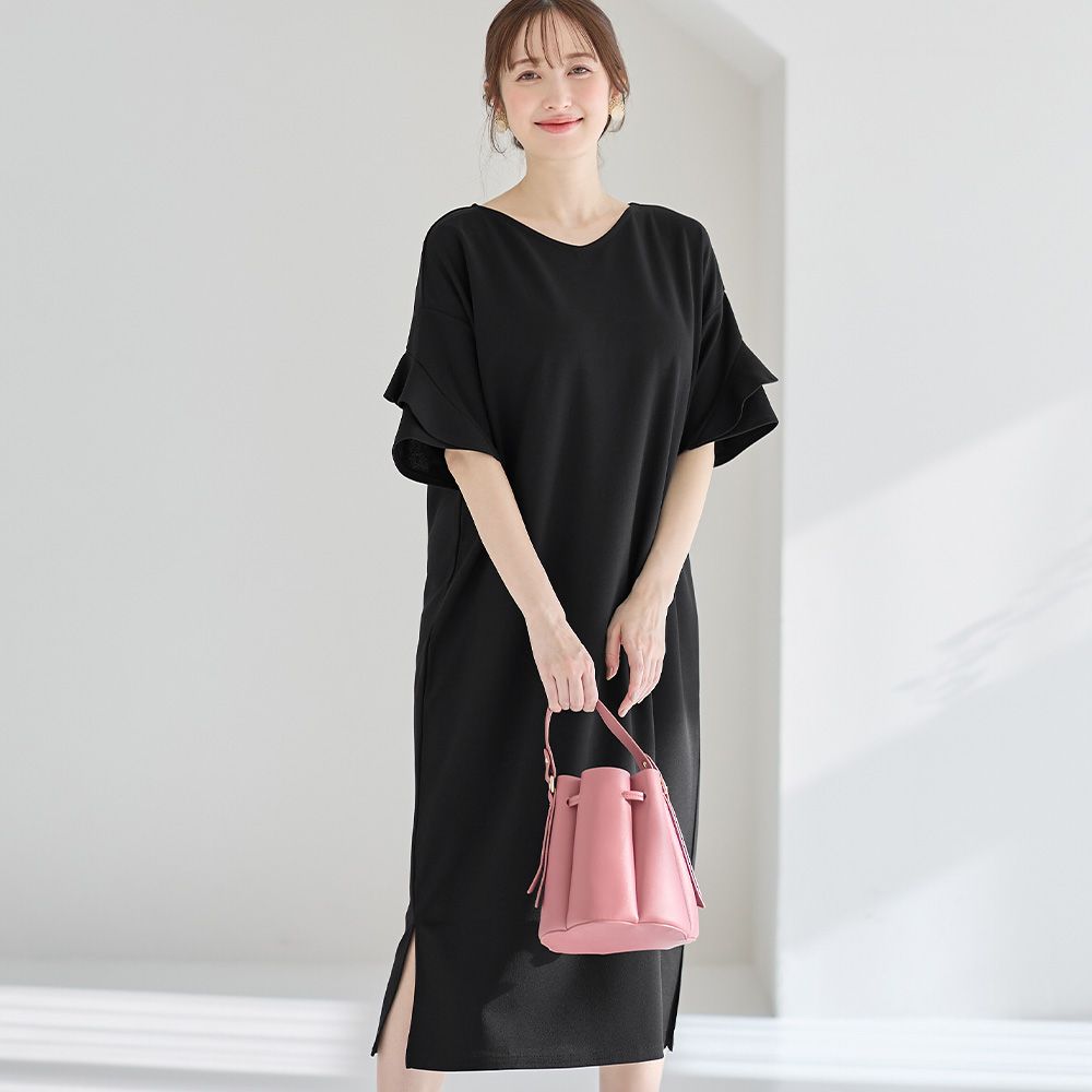アロッタ Alotta 【4つの機能付】フリル袖Tシャツワンピース,ブラック