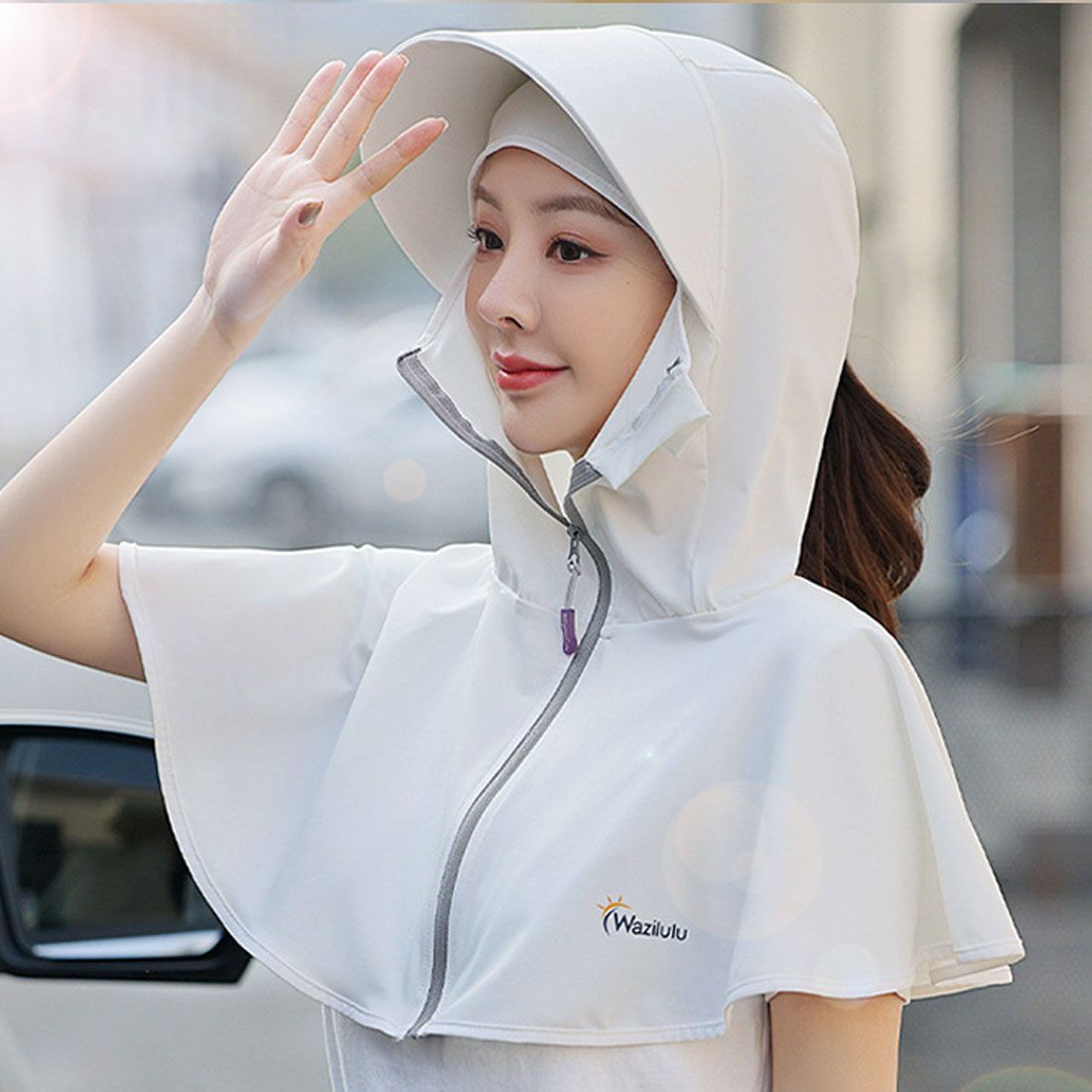 リアルスタイル REAL STYLE 日よけ帽子 UVカット パーカー フェイスカバー マスク レディース 後ろ ママ 大きいサイズ つば広 紫外線対策 ゴルフ ポンチョ ケープ 日焼け止め服,グレー